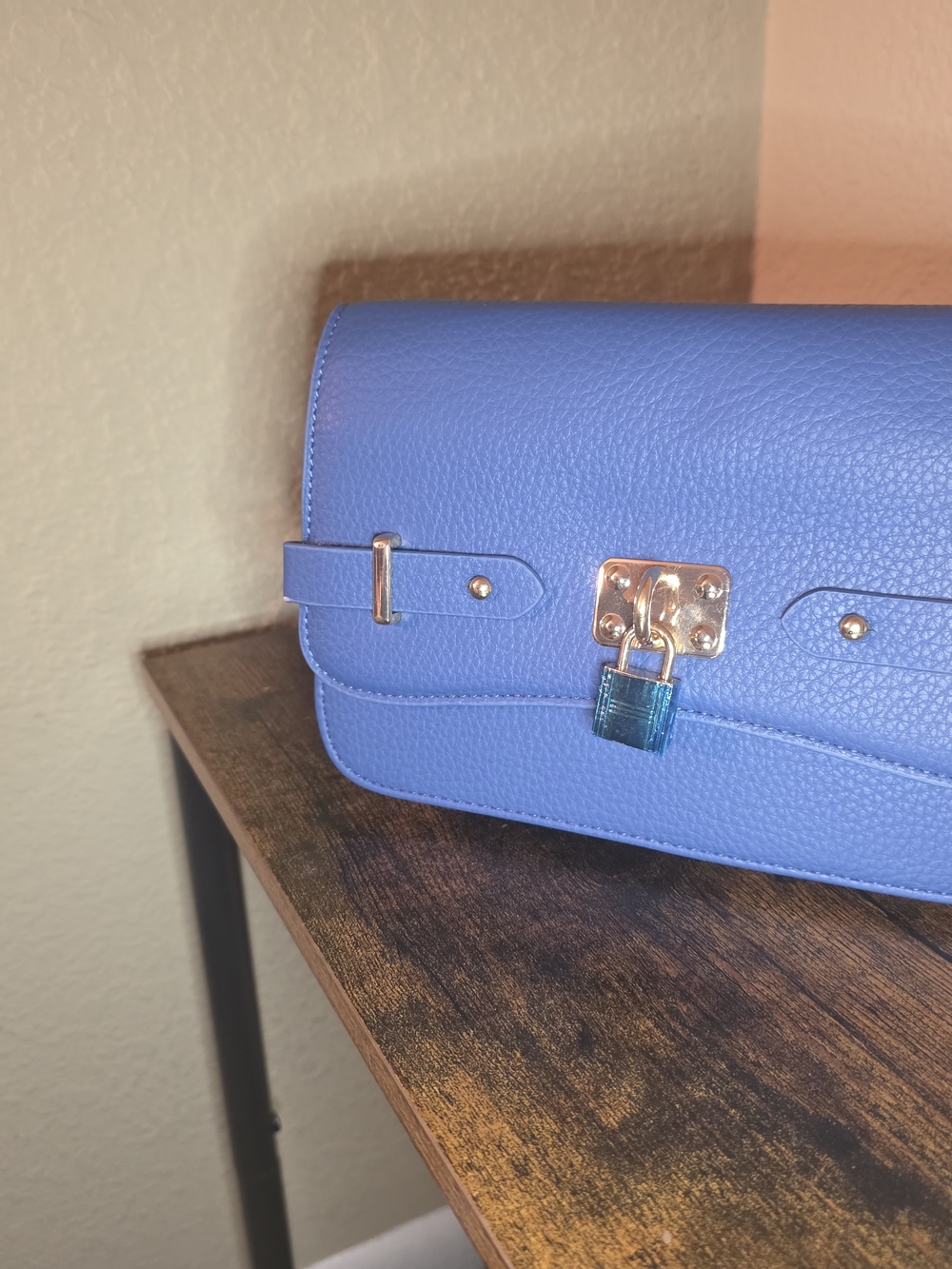 Blue Vegan Leather Crossbody Bag with Gold Hardware